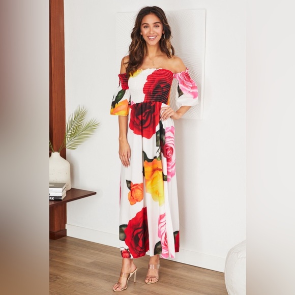 Venti6 Dresses & Skirts - (7814-ROSES) ROSE PRINT SMOCKED OFF THE SHOULDER MAXI DRESS